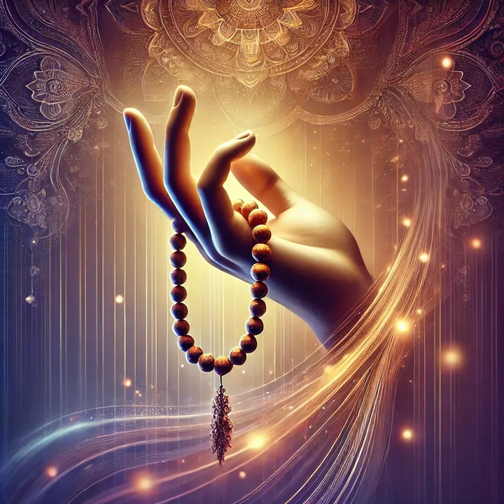 A hand turning a rudraksha mala in golden light