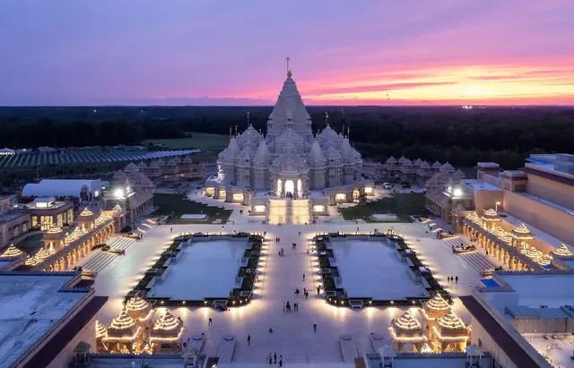 BAPS Swaminarayan Akshardham in Robbinsville, New Jersey, at dusk